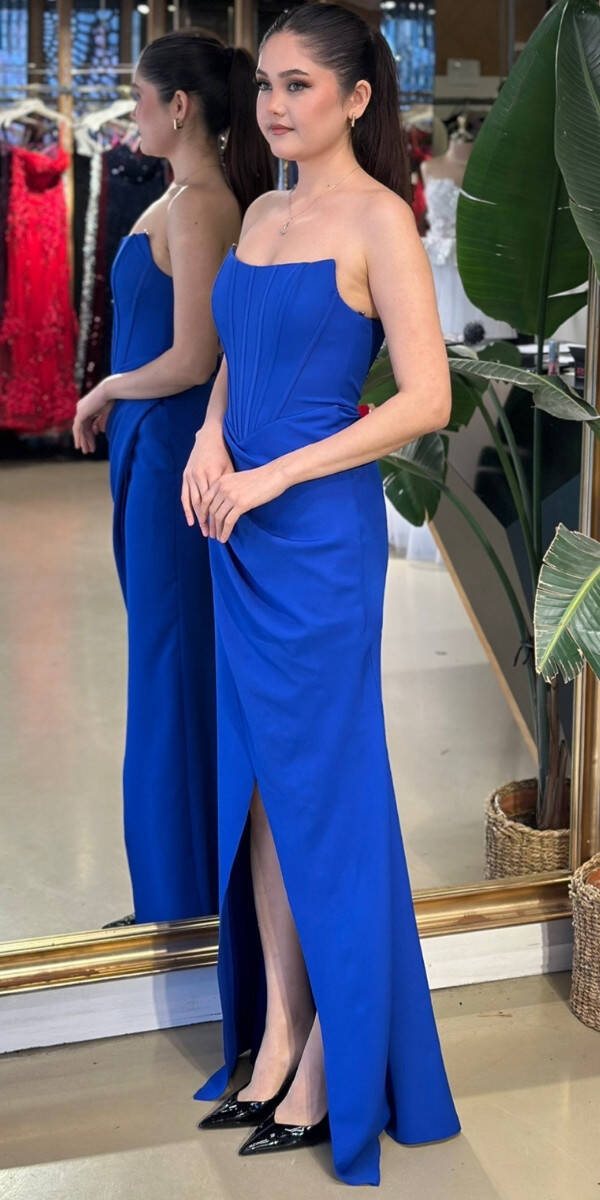 Saks Straplez Yaka Sırt Dekolteli Yırtmaçlı Düz Kesim Krep Uzun Abiye Elbise 11175-04 - 2