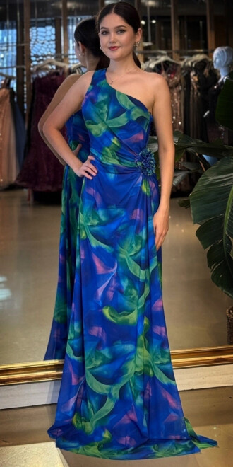 Saks Tek Omuzlu Çiçek Detaylı Kloş Etekli Desenli Uzun Abiye Elbise 11087-02 - abiyeniall