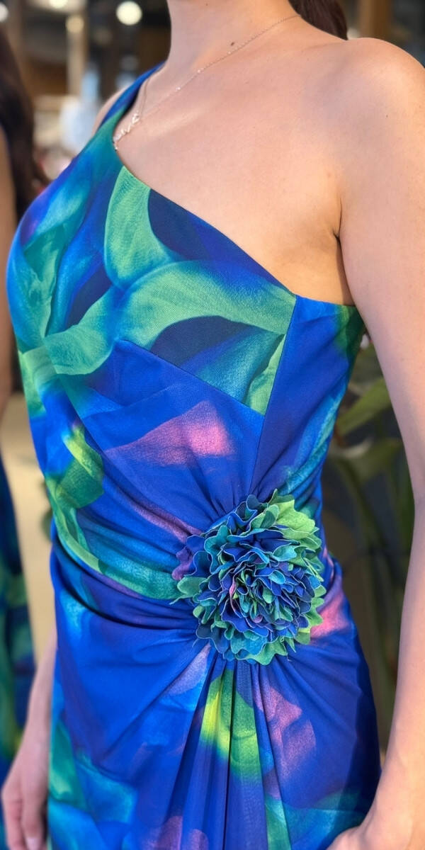 Saks Tek Omuzlu Çiçek Detaylı Kloş Etekli Desenli Uzun Abiye Elbise 11087-02 - 4