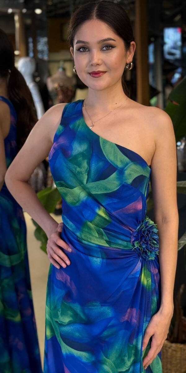 Saks Tek Omuzlu Çiçek Detaylı Kloş Etekli Desenli Uzun Abiye Elbise 11087-02 - 3