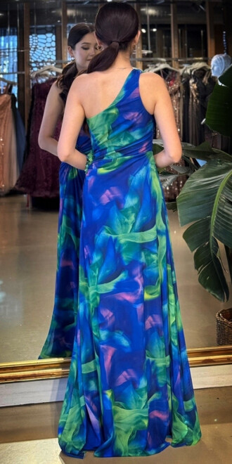 Saks Tek Omuzlu Çiçek Detaylı Kloş Etekli Desenli Uzun Abiye Elbise 11087-02 - 5