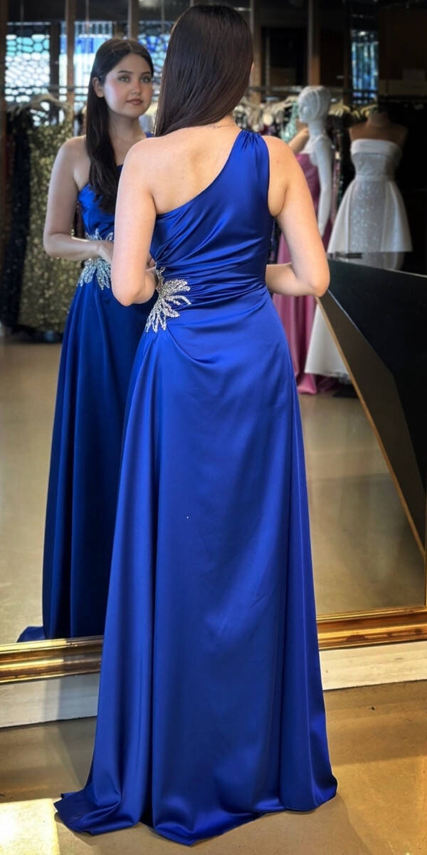 Saks Tek Omuzlu Taş Detaylı Düz Kesim Saten Uzun Abiye Elbise 7684 - 5