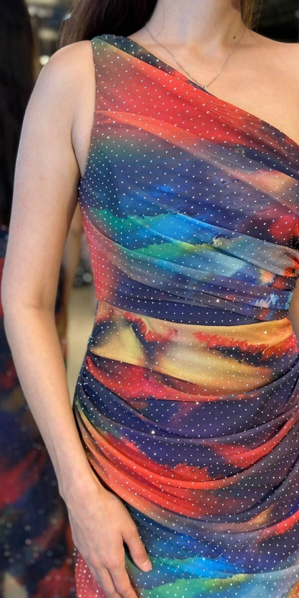 Saks Tek Omuzlu Yırtmaçlı Düz Kesim Desenli Uzun Abiye Elbise 11025 - 4