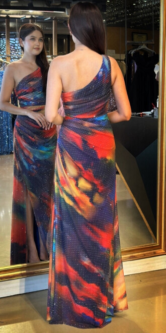 Saks Tek Omuzlu Yırtmaçlı Düz Kesim Desenli Uzun Abiye Elbise 11025 - 5