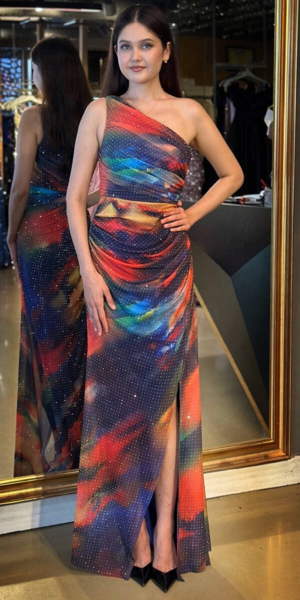 Saks Tek Omuzlu Yırtmaçlı Düz Kesim Desenli Uzun Abiye Elbise 11025 - 1