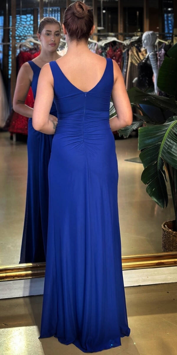 Saks V Yaka Kalın Askı Anvelop Yırtmaçlı Düz Kesim Likralı Tül Uzun Abiye Elbise 11123-03 - 5