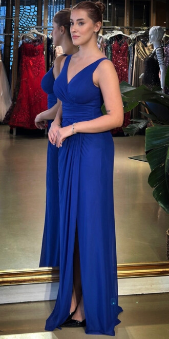 Saks V Yaka Kalın Askı Anvelop Yırtmaçlı Düz Kesim Likralı Tül Uzun Abiye Elbise 11123-03 - 2