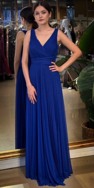 Saks V Yaka Kalın Askı Kloş Etekli Şifon Uzun Abiye Elbise 11098-06 