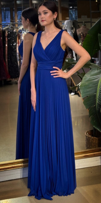 Saks V Yaka Kalın Askı Kloş Etekli Şifon Uzun Abiye Elbise 11098-06 - 2