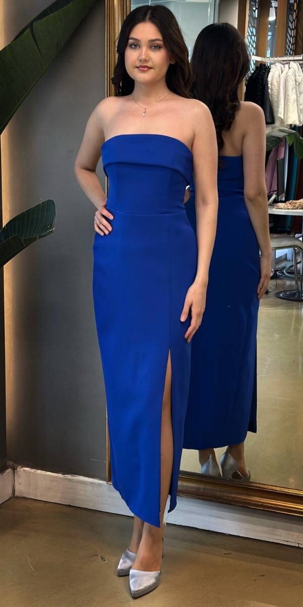 Saks Straplez Yaka Yırtmaçlı Düz Kesim Krep Midi Abiye Elbise 7692 - 1