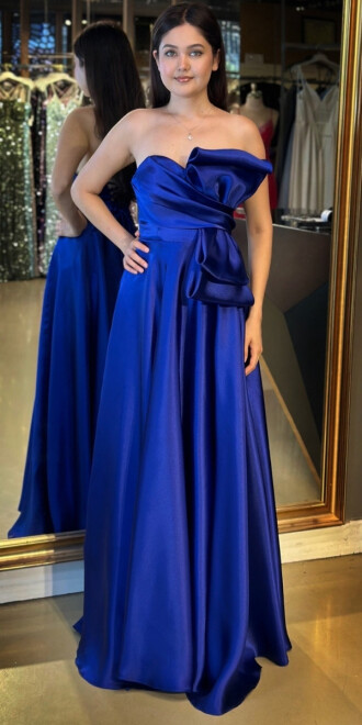 Saks Straplez Yaka Yırtmaçlı Kloş Etekli Organze Uzun Abiye Elbise 7679 - abiyeniall