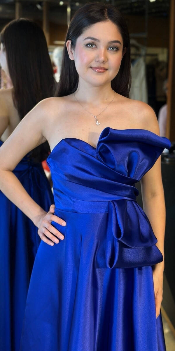 Saks Straplez Yaka Yırtmaçlı Kloş Etekli Organze Uzun Abiye Elbise 7679 - 3