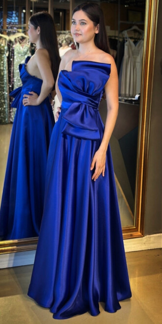 Saks Straplez Yaka Yırtmaçlı Kloş Etekli Organze Uzun Abiye Elbise 7679 - 2