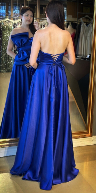 Saks Straplez Yaka Yırtmaçlı Kloş Etekli Organze Uzun Abiye Elbise 7679 - 5