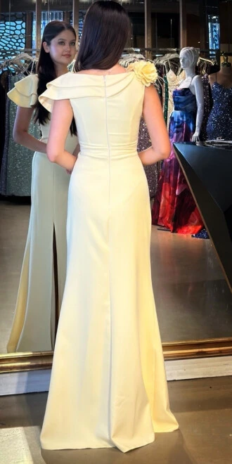 Sarı Çiçek Detaylı Yırtmaçlı Düz Kesim Krep Uzun Abiye Elbise 11027 - 5