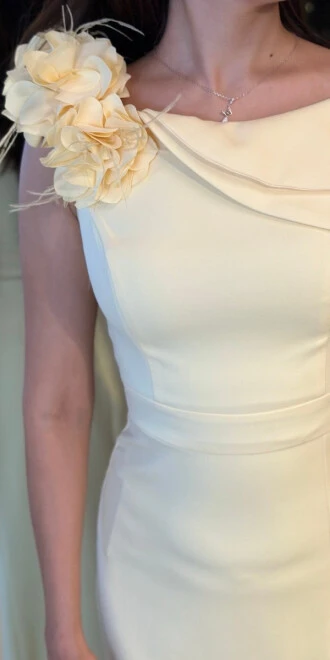 Sarı Çiçek Detaylı Yırtmaçlı Düz Kesim Krep Uzun Abiye Elbise 11027 - 4