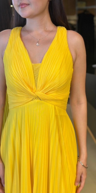 Sarı Kalın Askı Sırt Dekolteli Kloş Etekli Şifon Tül Uzun Abiye Elbise 7645 - 4