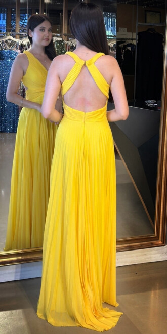Sarı Kalın Askı Sırt Dekolteli Kloş Etekli Şifon Tül Uzun Abiye Elbise 7645 - 5