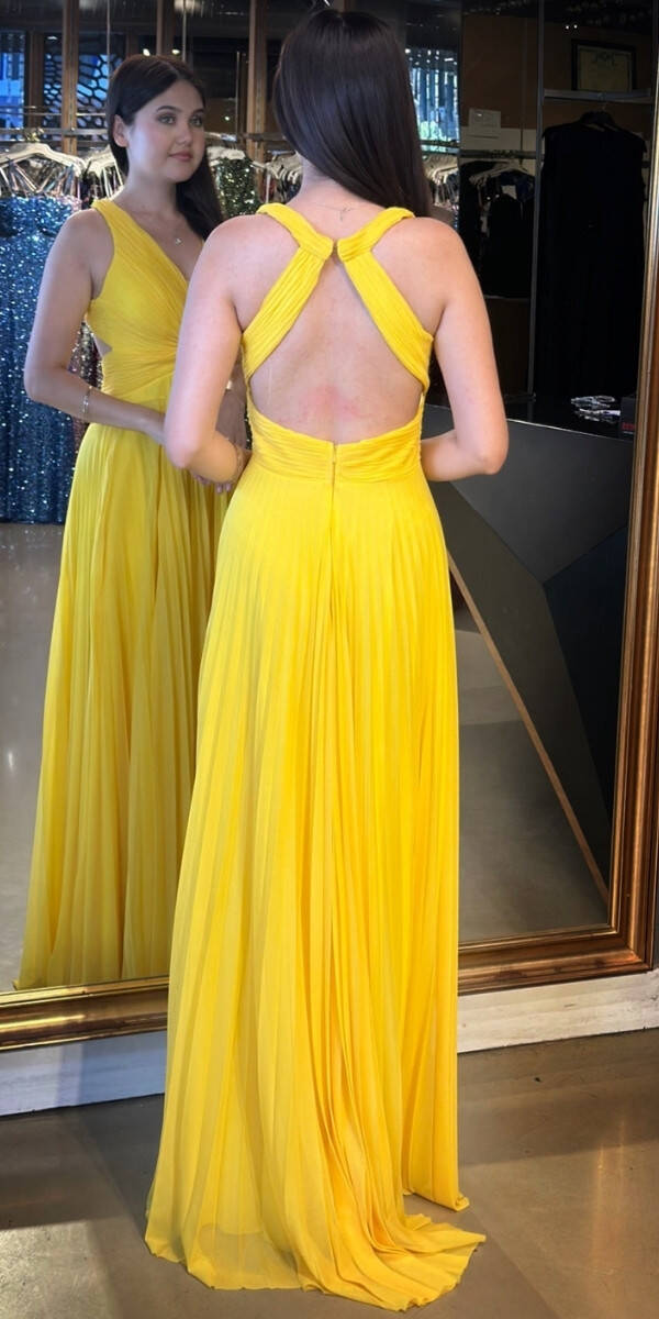 Sarı Kalın Askı Sırt Dekolteli Kloş Etekli Şifon Tül Uzun Abiye Elbise 7645 - 5