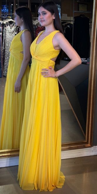 Sarı Kalın Askı Sırt Dekolteli Kloş Etekli Şifon Tül Uzun Abiye Elbise 7645 - 2