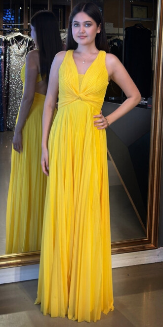 Sarı Kalın Askı Sırt Dekolteli Kloş Etekli Şifon Tül Uzun Abiye Elbise 7645 