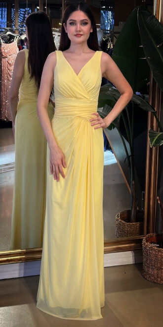 Sarı V Yaka Kalın Askı Anvelop Yırtmaçlı Düz Kesim Likralı Tül Uzun Abiye Elbise 11123-06 - abiyeniall