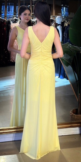 Sarı V Yaka Kalın Askı Anvelop Yırtmaçlı Düz Kesim Likralı Tül Uzun Abiye Elbise 11123-06 - 5