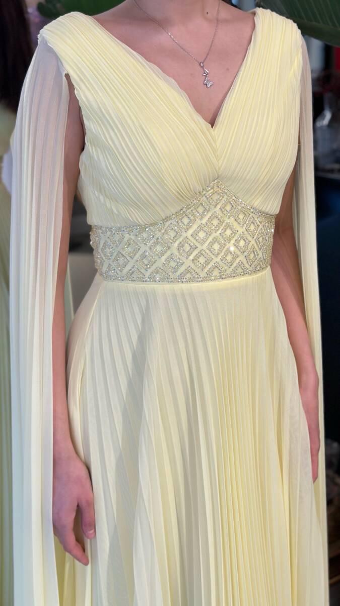 Sarı V Yaka Pelerin Kloş Etekli Şifon Uzun Abiye Elbise 11108-10 - 4