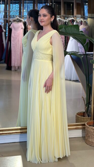 Sarı V Yaka Pelerin Kloş Etekli Şifon Uzun Abiye Elbise 11108-10 - 2