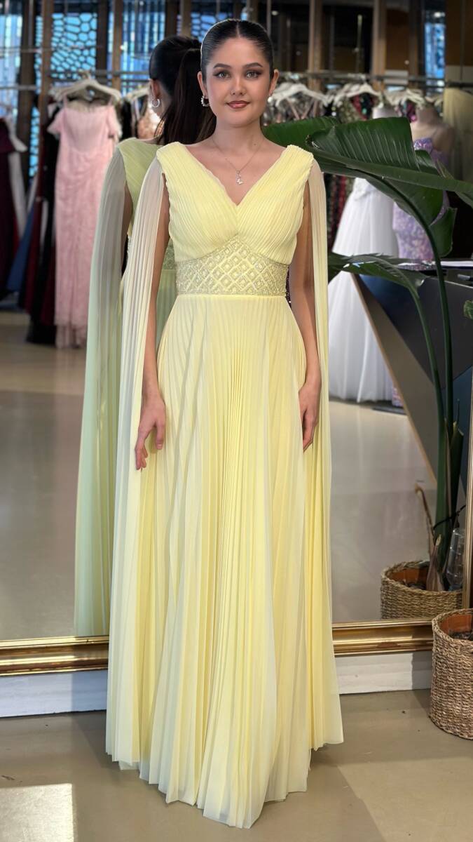 Sarı V Yaka Pelerin Kloş Etekli Şifon Uzun Abiye Elbise 11108-10 - 1