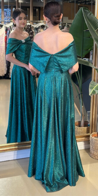 Yeşil Simli Kloş Uzun Abiye Elbise 11007-1 - 2