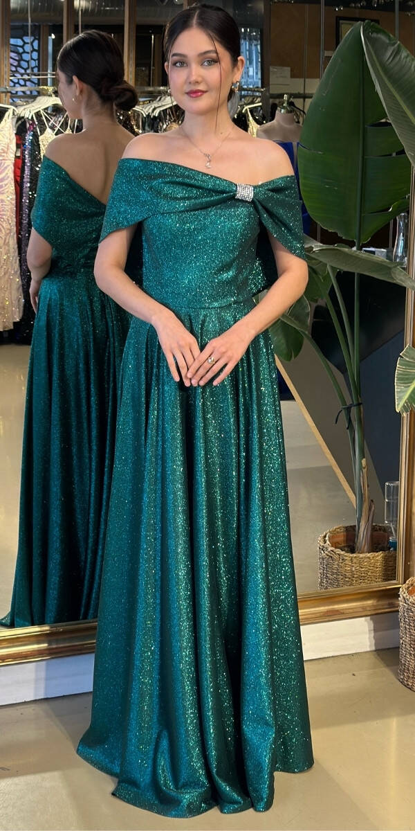 Yeşil Simli Kloş Uzun Abiye Elbise 11007-1 - 1