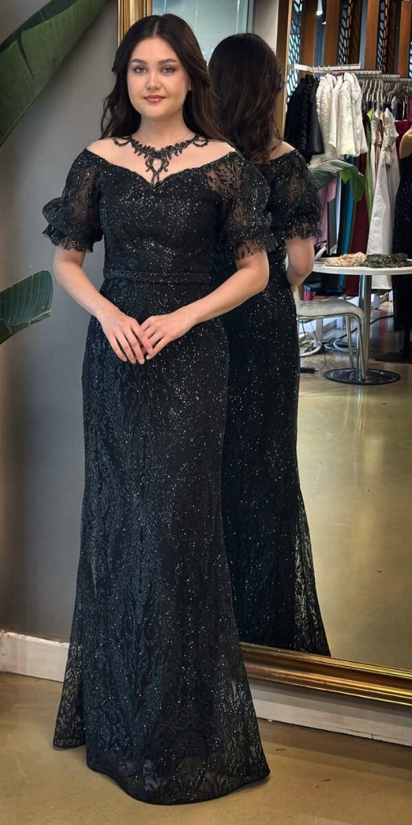 Siyah Balon Kollu Dantel Detaylı Düz Kesim Simli Uzun Abiye Elbise 7278 - 1