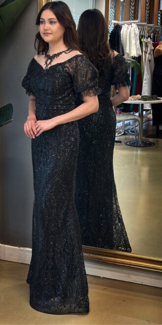 Siyah Balon Kollu Dantel Detaylı Düz Kesim Simli Uzun Abiye Elbise 7278 - 2