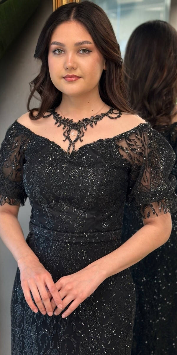 Siyah Balon Kollu Dantel Detaylı Düz Kesim Simli Uzun Abiye Elbise 7278 - 3