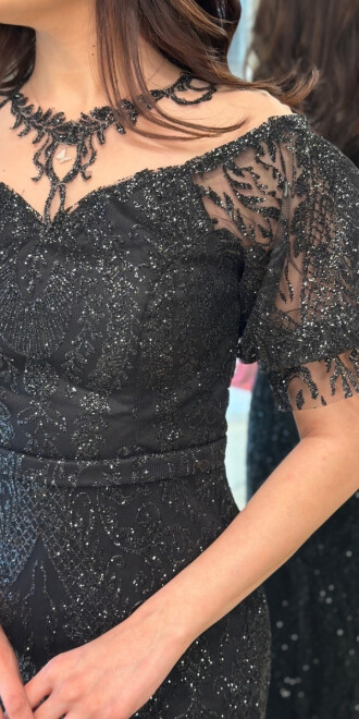 Siyah Balon Kollu Dantel Detaylı Düz Kesim Simli Uzun Abiye Elbise 7278 - 4