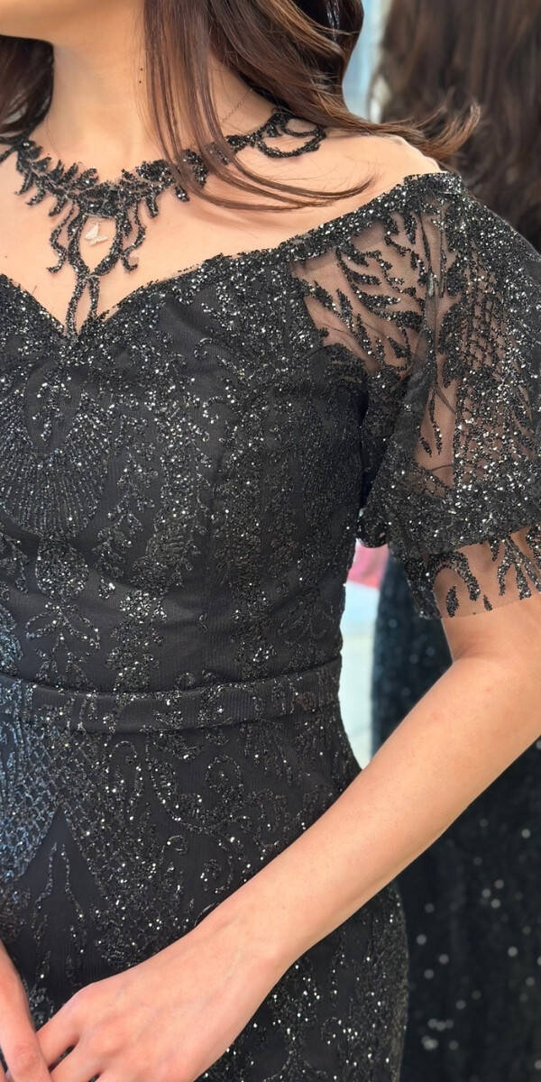 Siyah Balon Kollu Dantel Detaylı Düz Kesim Simli Uzun Abiye Elbise 7278 - 4