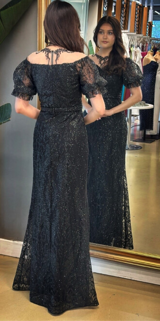 Siyah Balon Kollu Dantel Detaylı Düz Kesim Simli Uzun Abiye Elbise 7278 - 5