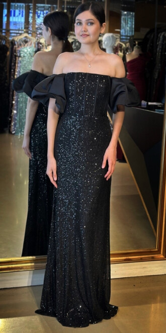 Siyah Balon Kollu Madonna Yaka Düz Kesim Payet Uzun Abiye Elbise 11033 - abiyeniall