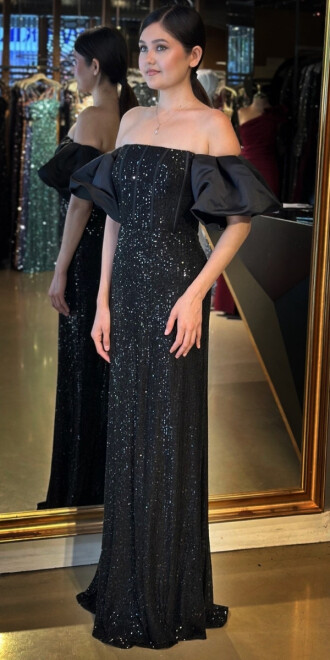 Siyah Balon Kollu Madonna Yaka Düz Kesim Payet Uzun Abiye Elbise 11033 - 2