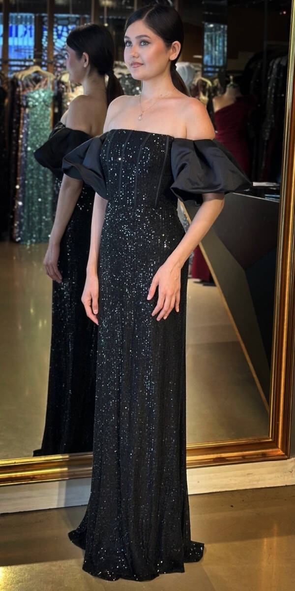 Siyah Balon Kollu Madonna Yaka Düz Kesim Payet Uzun Abiye Elbise 11033 - 2