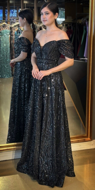 Siyah Boncuk İşlemeli Madonna Yaka Kloş Etekli Simli Uzun Abiye Elbise 7547 - 2