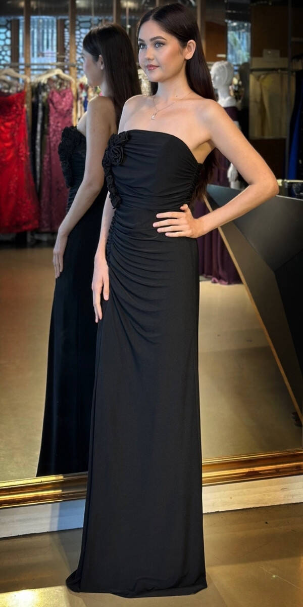 Siyah Çiçek Detaylı Straplez Yaka Yırtmaçlı Düz Kesim Likralı Uzun Abiye Elbise 11096 - 2