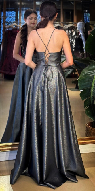 Siyah Degaje Yaka İp Askılı Sırt Dekolteli Kloş Etekli Saten Uzun Abiye Elbise 11104-07 - 5