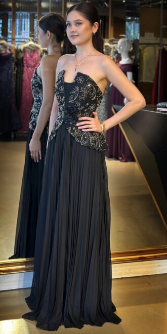 Siyah Gold Straplez Yaka Çiçek Detaylı Sırt Dekolteli Kloş Etekli Tül Uzun Abiye Elbise 11054 - 2