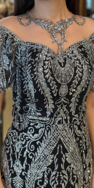 Siyah Gümüş Balon Kollu Dantel Detaylı Düz Kesim Simli Uzun Abiye Elbise 7278 - 4