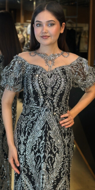 Siyah Gümüş Balon Kollu Dantel Detaylı Düz Kesim Simli Uzun Abiye Elbise 7278 - 3