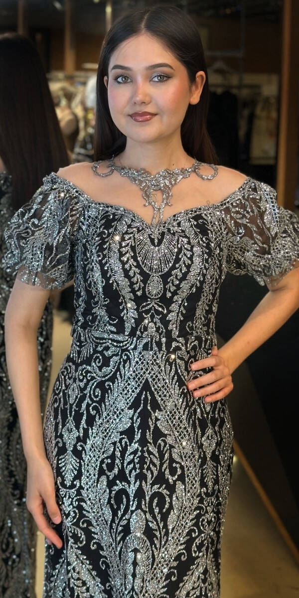 Siyah Gümüş Balon Kollu Dantel Detaylı Düz Kesim Simli Uzun Abiye Elbise 7278 - 3