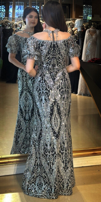 Siyah Gümüş Balon Kollu Dantel Detaylı Düz Kesim Simli Uzun Abiye Elbise 7278 - 5