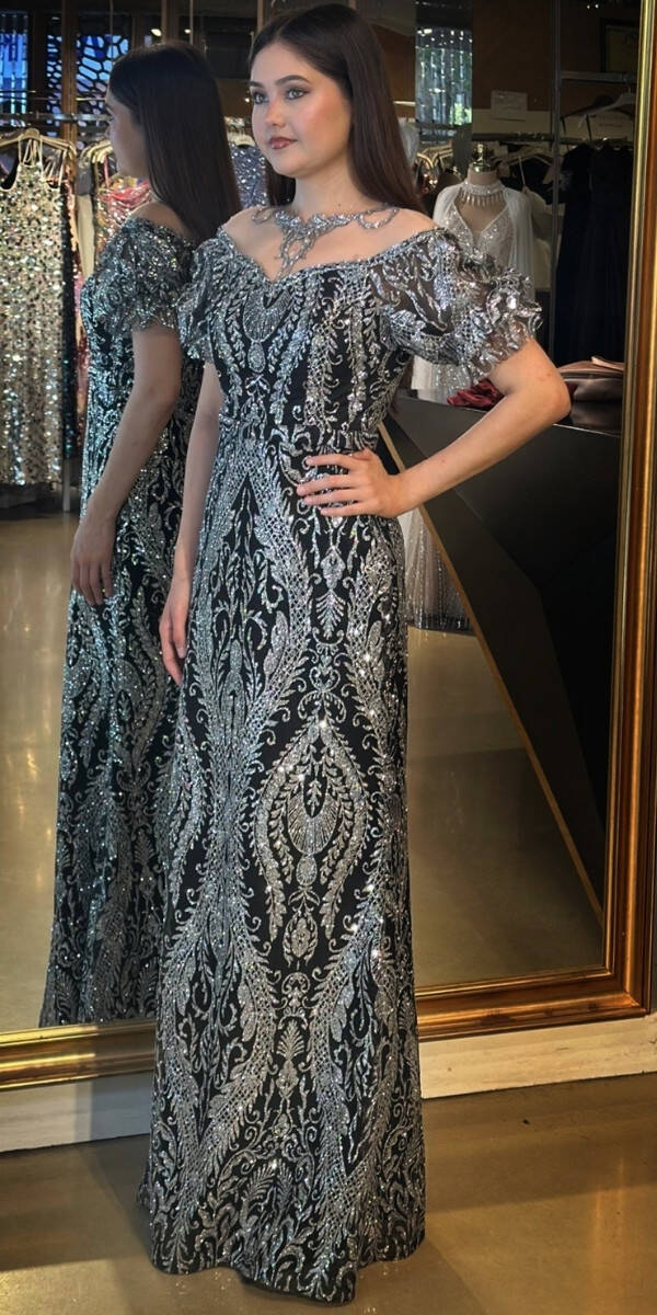 Siyah Gümüş Balon Kollu Dantel Detaylı Düz Kesim Simli Uzun Abiye Elbise 7278 - 2
